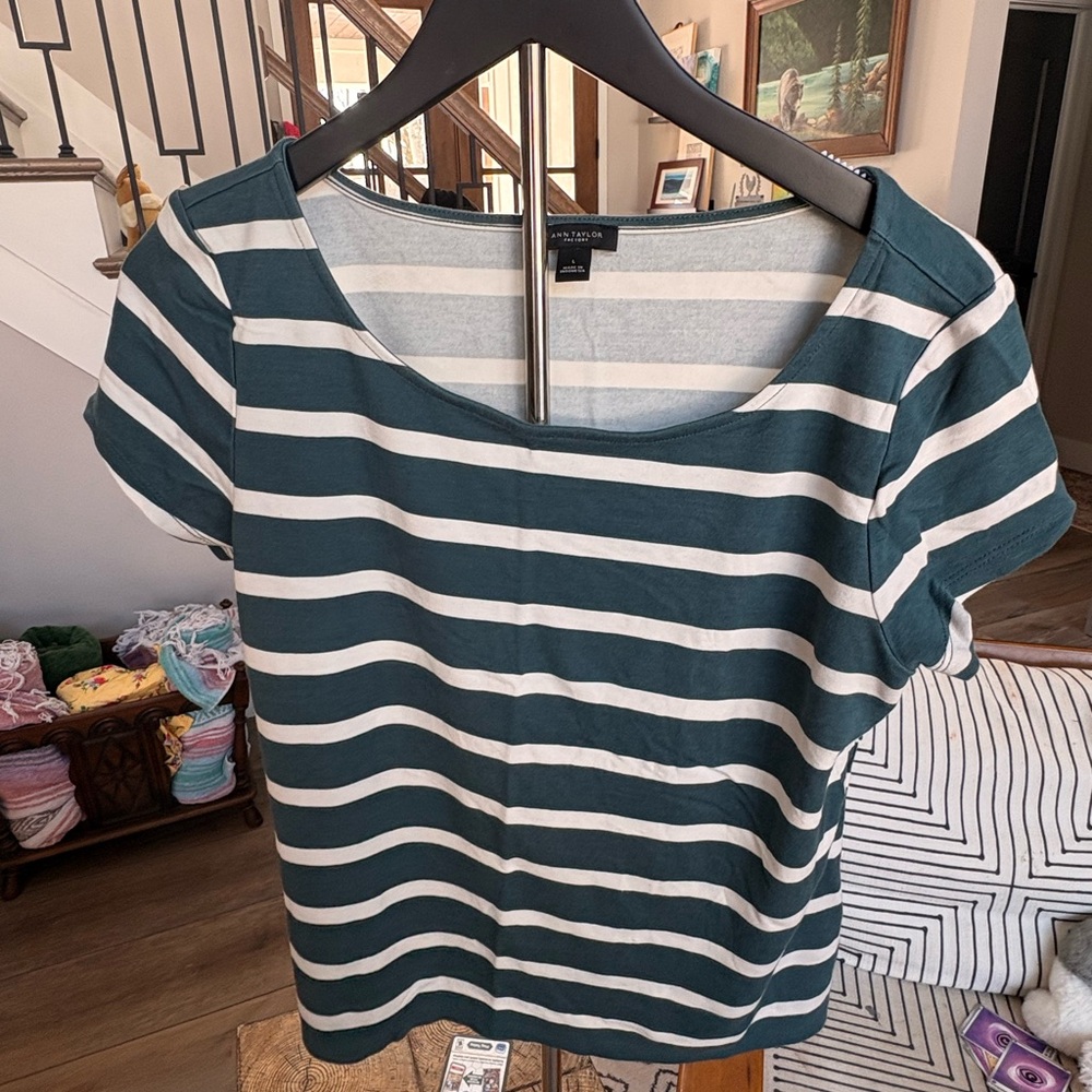 Ann Taylor Teal and White Striped Short Sleeve Top